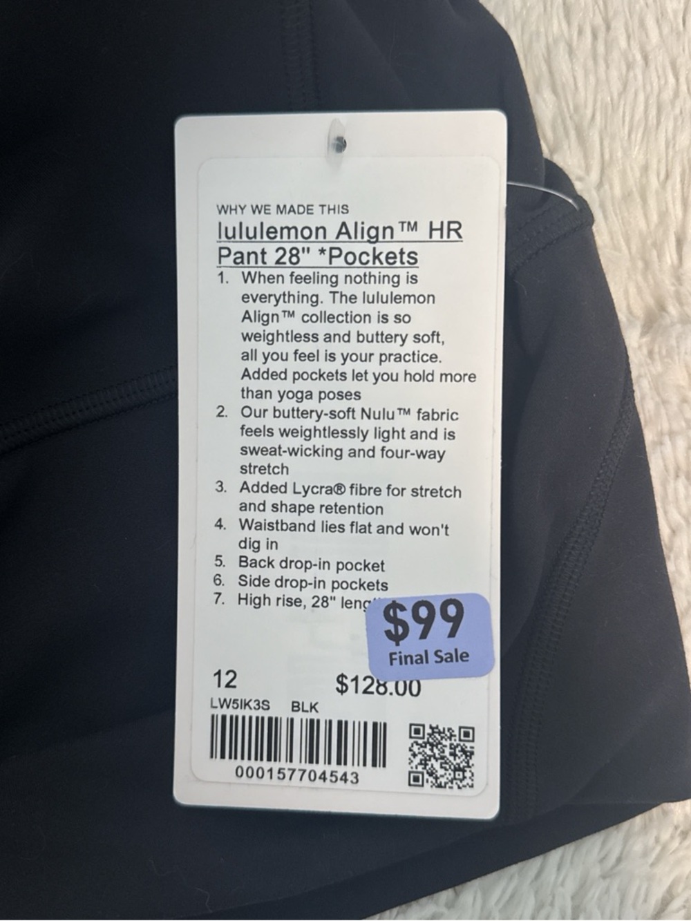 NWT Lululemon Align Black 28” inseam High Rise Leggings with pockets Size 12 - Picture 4 of 5